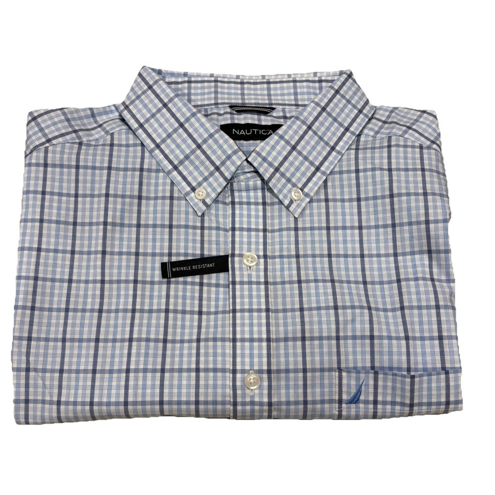 NWT Nautica Classic Fit Blue/White Plaid Wrinkle Resistant SS Shirt Men's XL